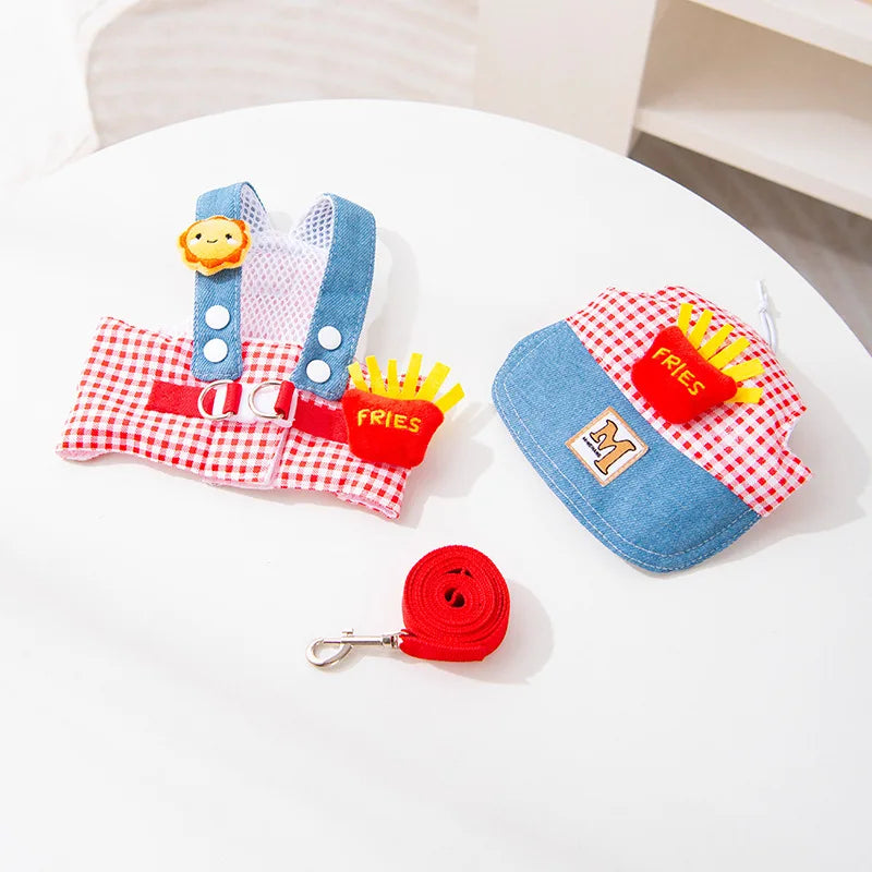 Denim Dog Harness Set with Sun Hat