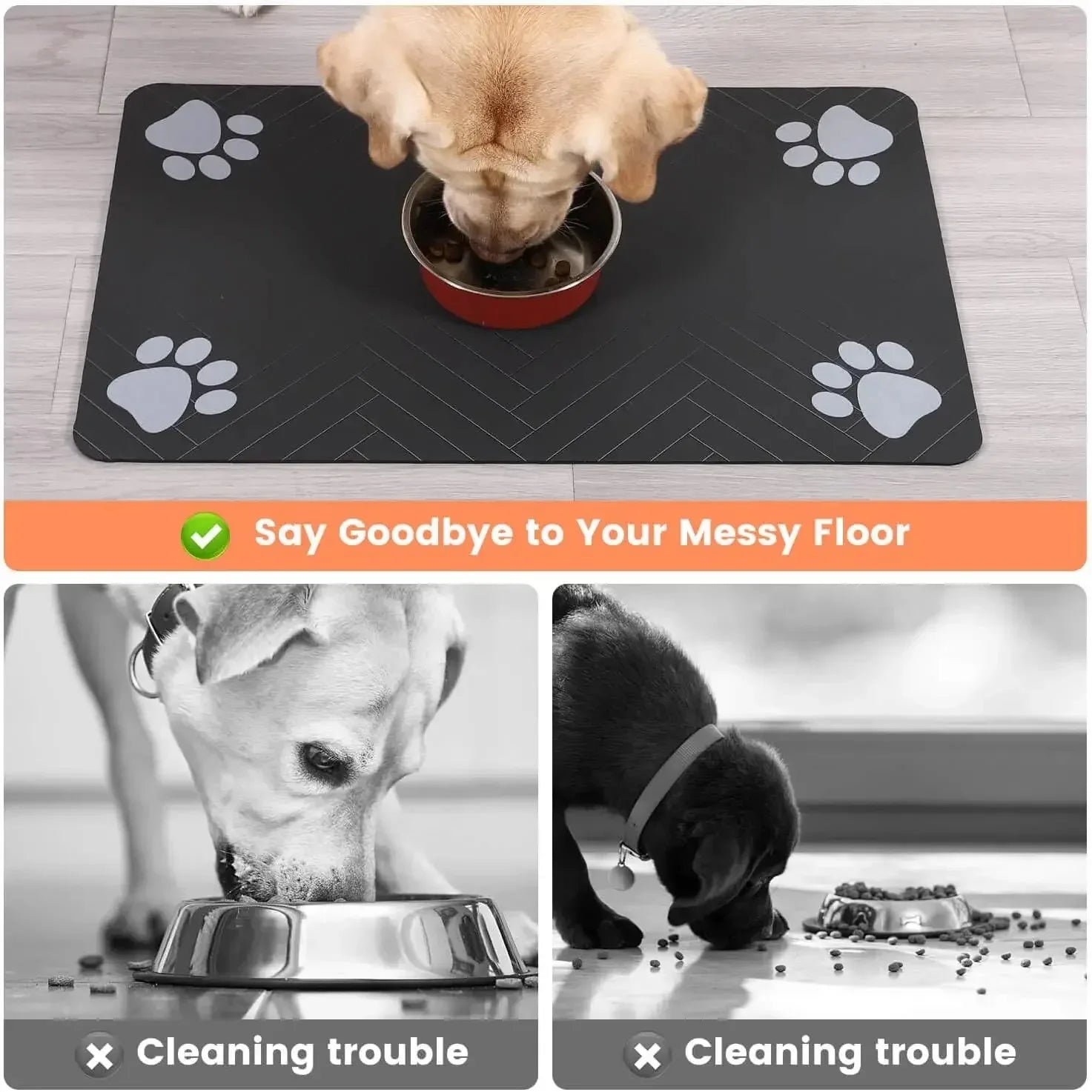 PawDry™ Absorbent Feeding Mat.
Quick-drying, waterproof feeding mat designed to keep your floors clean and dry around your pet’s food and water bowls.