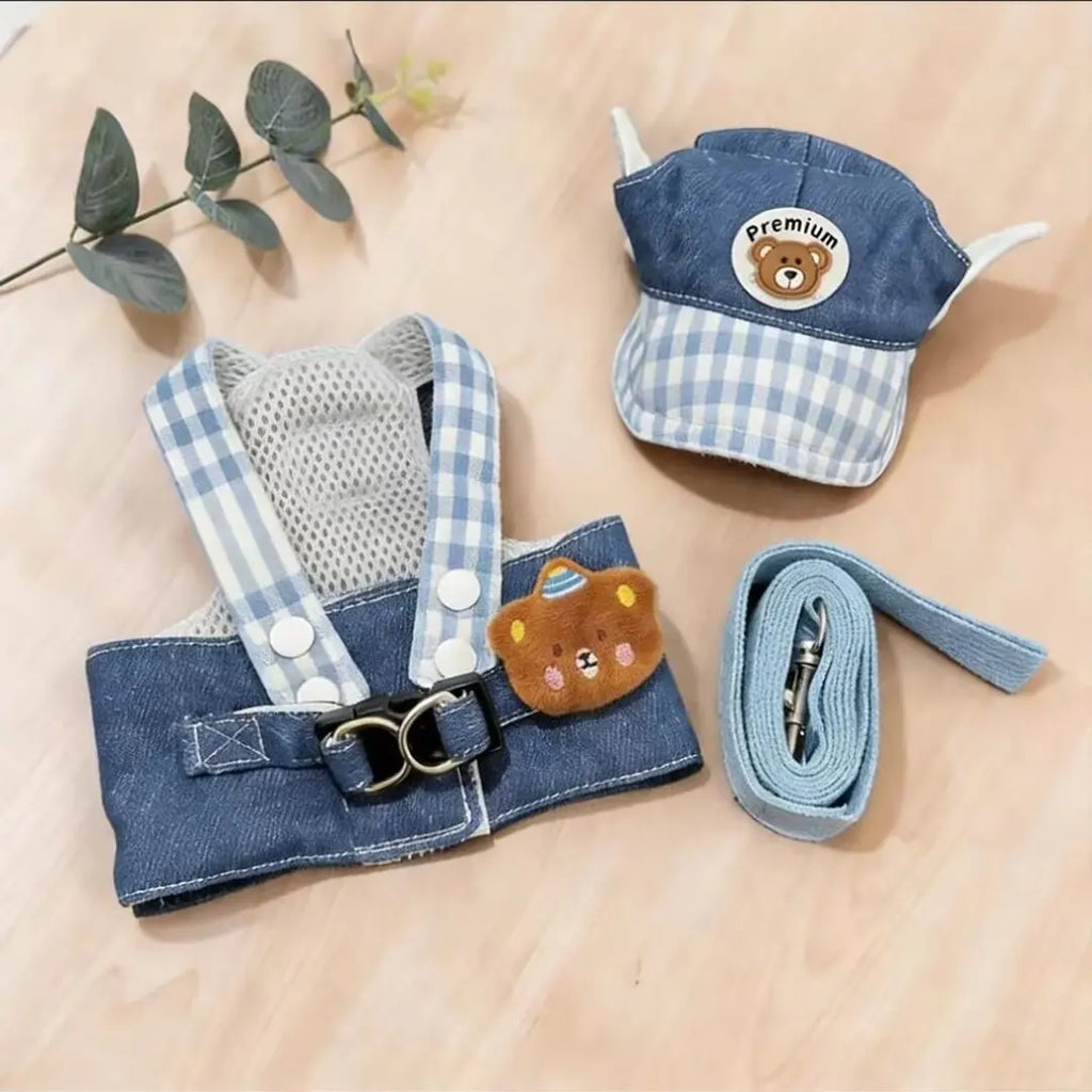 Denim Dog Harness Set with Sun Hat