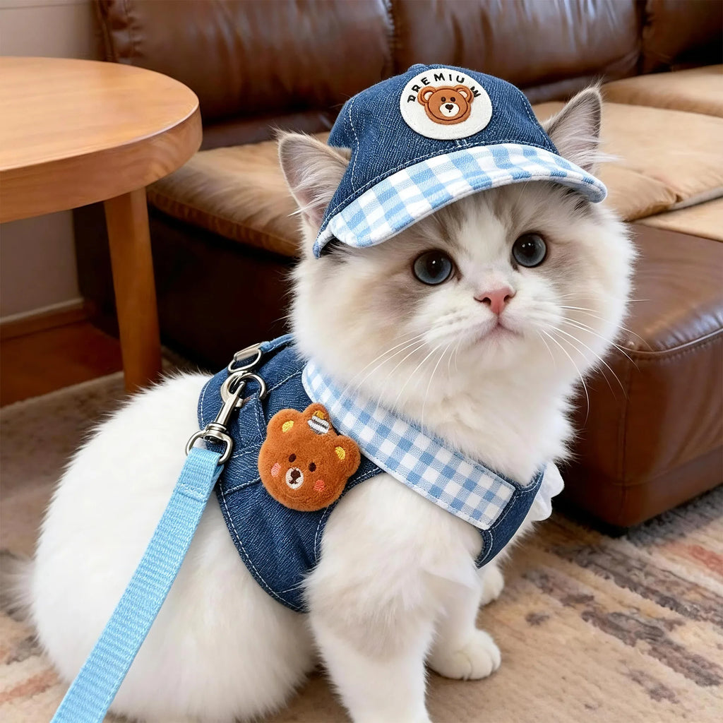 Denim Dog Harness Set with Sun Hat