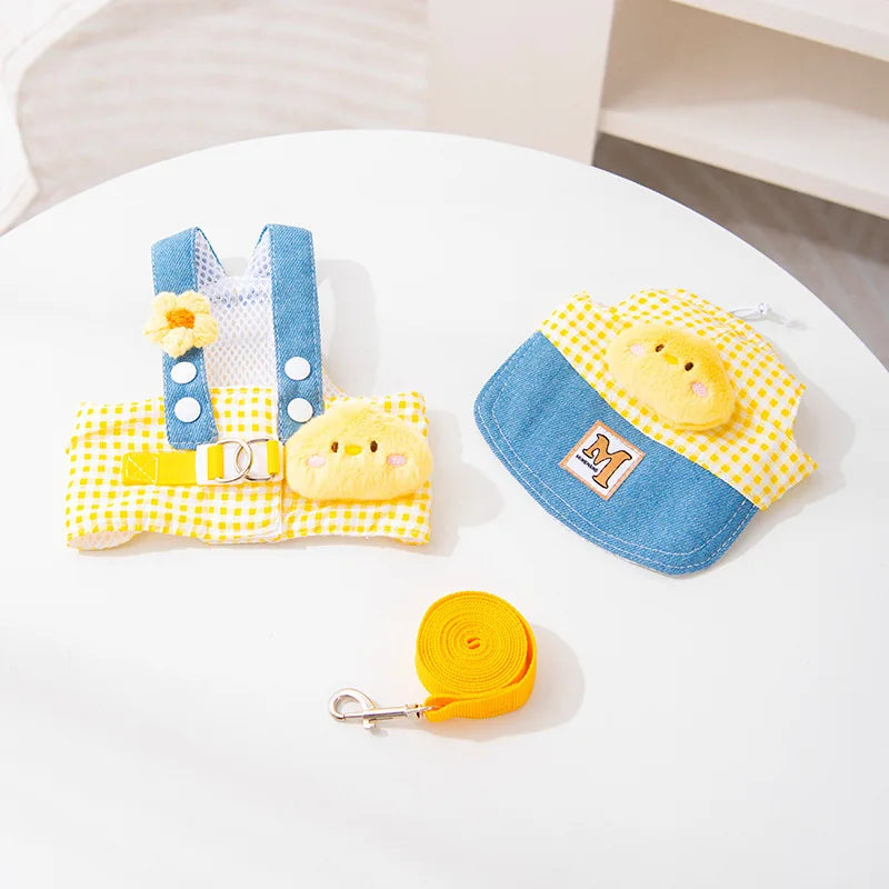 Denim Dog Harness Set with Sun Hat